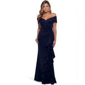 Xscape Long Scuba Off-the-Shoulder Ruffle Dress
